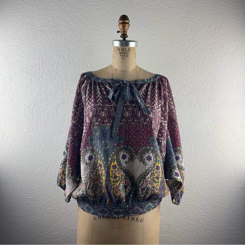 Umgee l S Mixed Print Metallic Floral Paisley Cold Shoulder Dolman Boho Blouse
